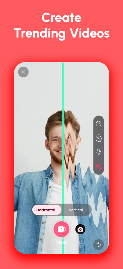 App interface showing a vertical scanning line distorting a man face for a viral video effect.