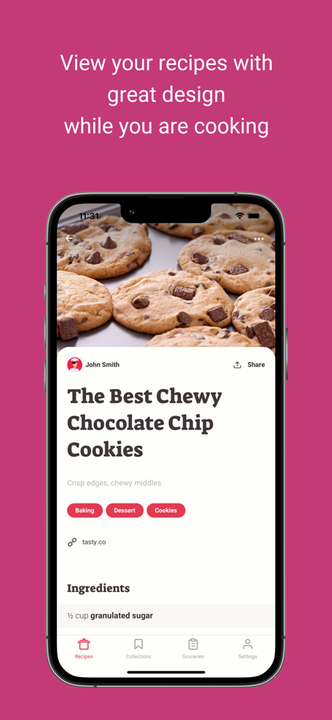 Potluck - Your Recipe Cookbook - iPhone showing a chocolate chip cookie recipe with high quality photos and ingredients list in the Potluck app.