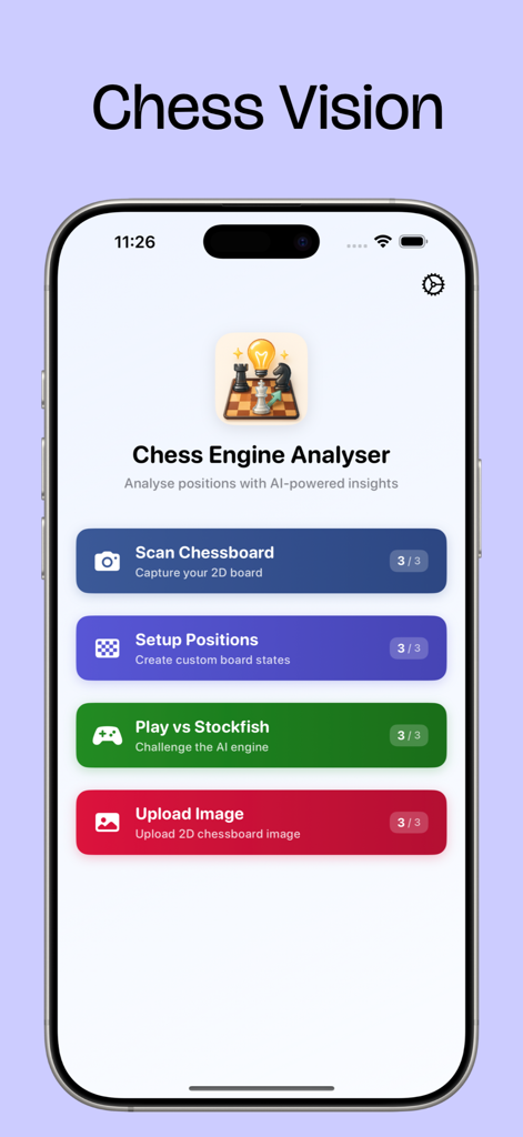 Stockfish Chess Analysis - Home screen of the Stockfish Chess Analysis mobile app showing menu options to scan a chessboard and play against the AI engine.
