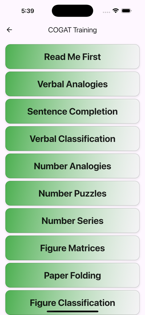 COGAT for Grade 6 - Main training menu showing COGAT practice categories for verbal quantitative and visual spatial skills