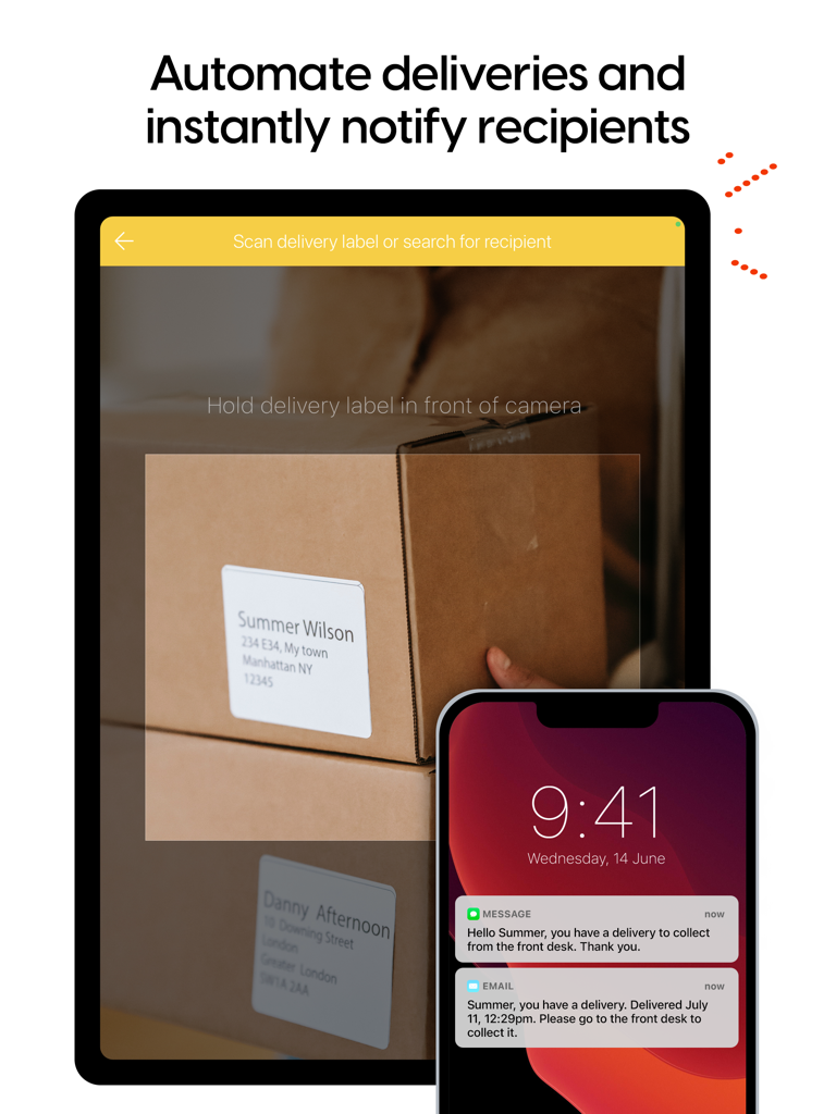 iPad scanning a delivery label and sending instant package notifications to an employee smartphone