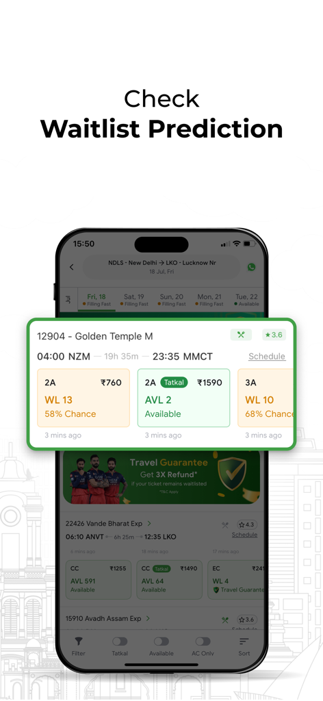 ConfirmTkt: Train Booking App - ConfirmTkt app interface showing train ticket waitlist probability and availability