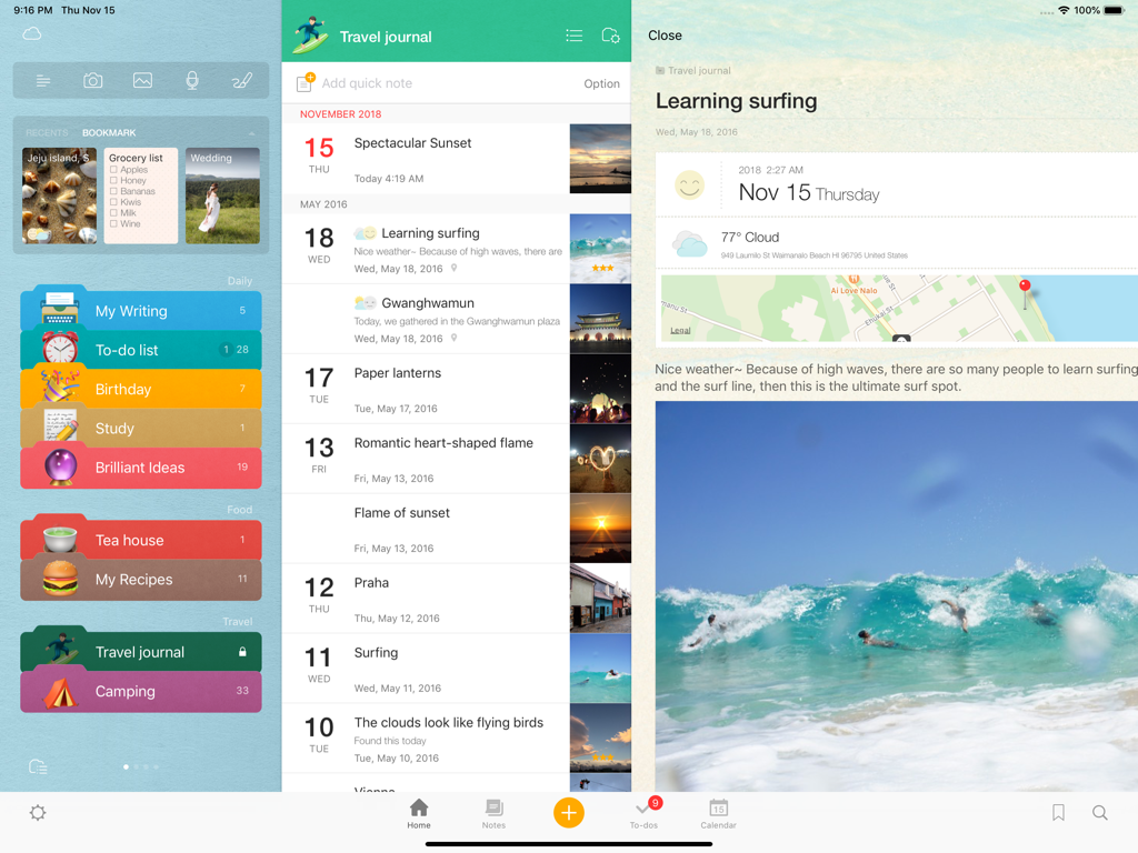 Interface of Awesome Note 2 for iPad showing colorful folders and a visual travel journal entry with photos and maps
