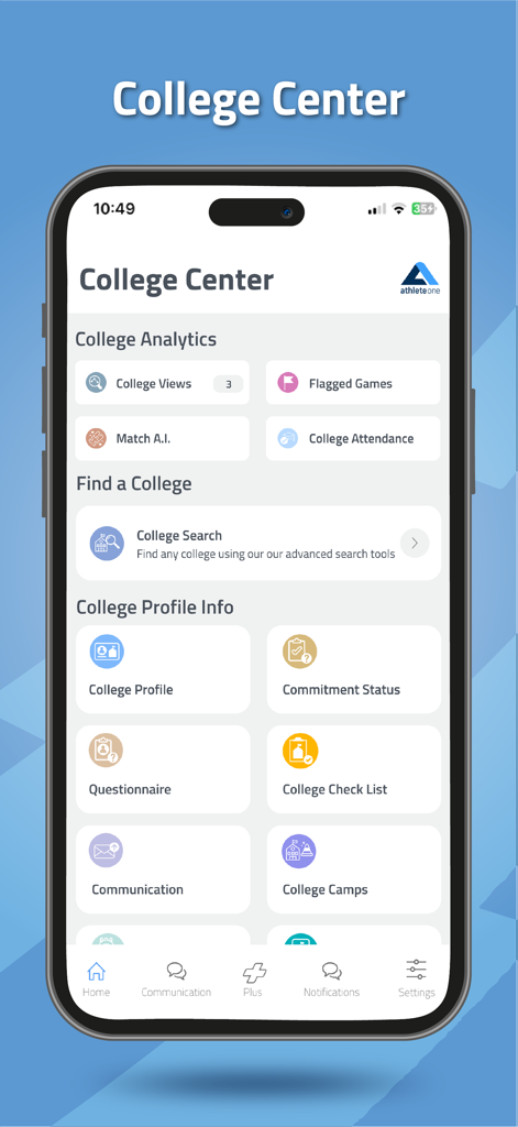 athlete one + - Athlete One Plus app College Center interface featuring college analytics and recruiting profile information