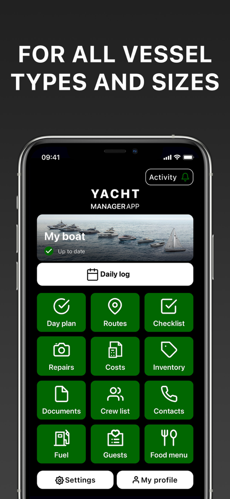 Yacht Manager App - Main dashboard of the Yacht Manager App on an iPhone displaying modules for managing vessel routes, costs, and crew lists.
