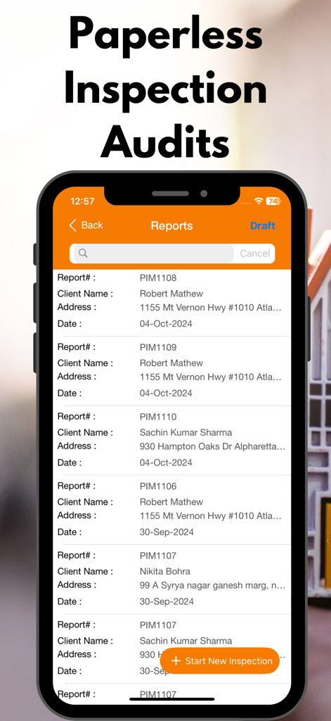 Mobile app screen showing a list of draft home inspection reports with client names and property addresses