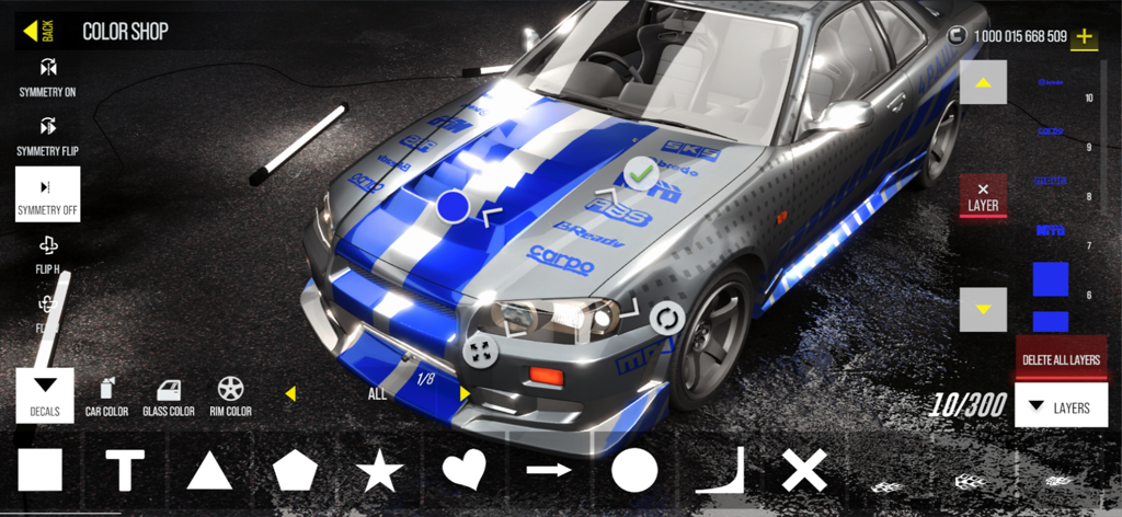 Car customization interface in Drive Zone showing blue decals and vinyl editor options