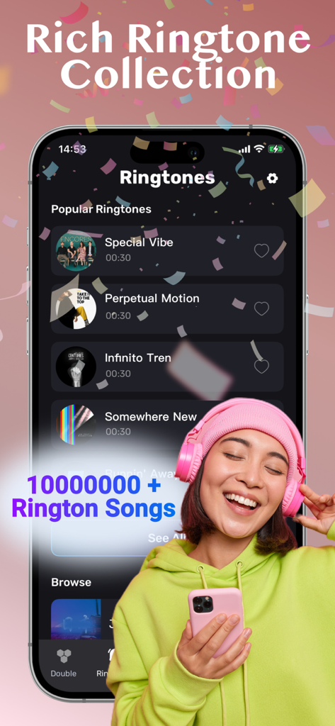 Live Wallpaper-Charing 4K - A smartphone screen showing a diverse collection of ringtones in a personalization app.