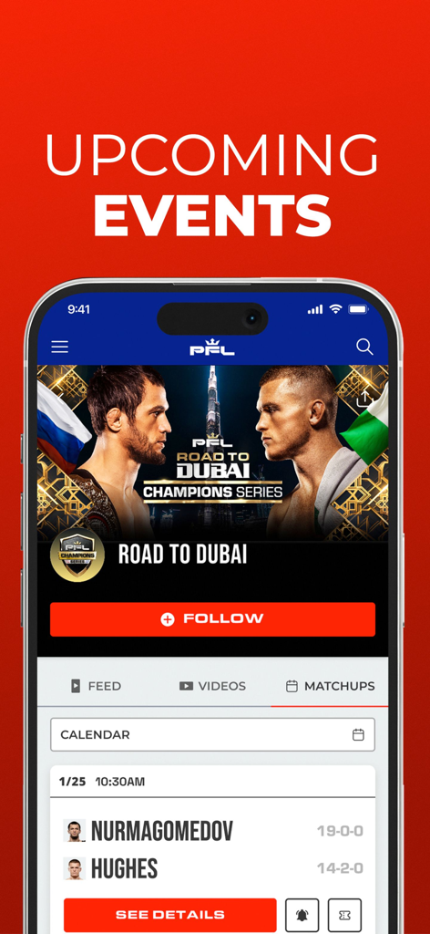 PFL - The PFL mobile app interface displaying the upcoming events section with a fight schedule for Nurmagomedov vs Hughes.