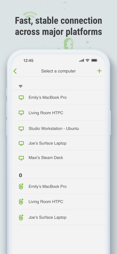 Interface do aplicativo móvel Remote Mouse Pro mostrando uma lista de computadores e dispositivos disponíveis para conectar via Wi-Fi e Bluetooth.