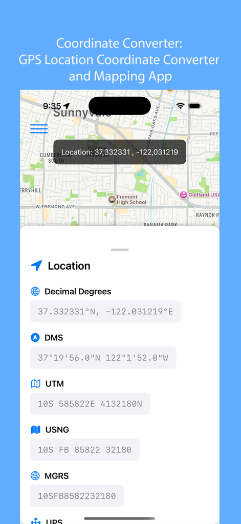Global Locator app interface showing various GPS coordinate formats including MGRS and UTM on a map