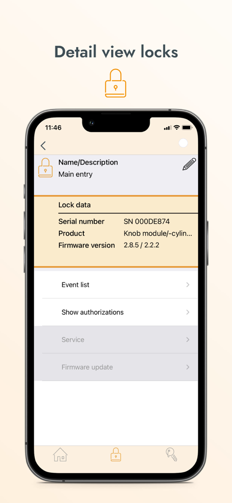 Keyng - Keyng app interface showing detailed lock data for a main entry including serial number and firmware information.