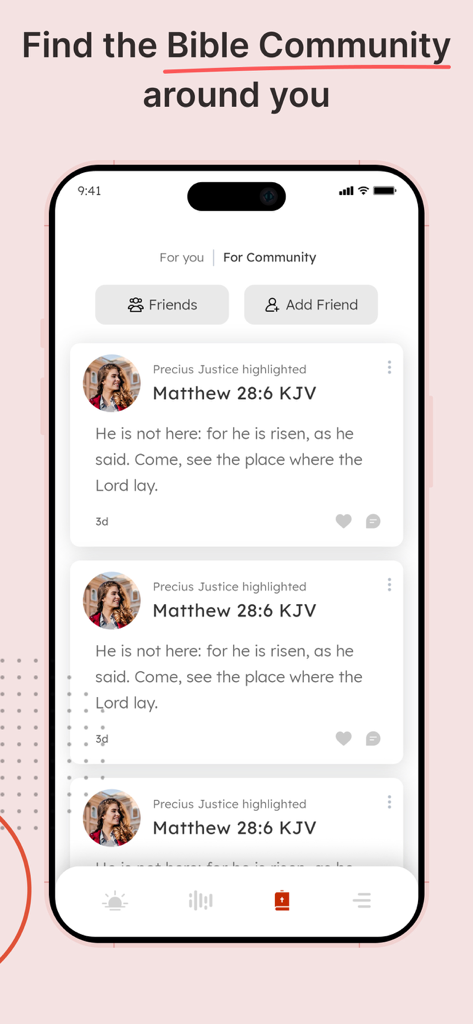 Bible - Daily Bible KJV - Una sección de noticias en la aplicación de la Biblia mostrando la actividad de amigos y versículos compartidos.