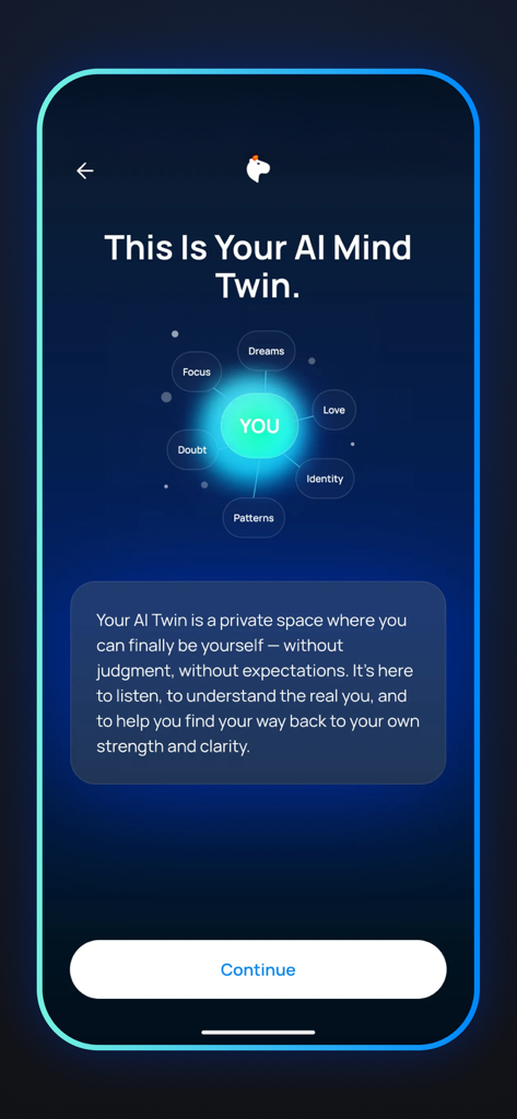 COPYMIND: AI Twin - Pantalla introductoria para COPYMIND AI Twin que ilustra un mapa mental personal de valores y áreas de enfoque.