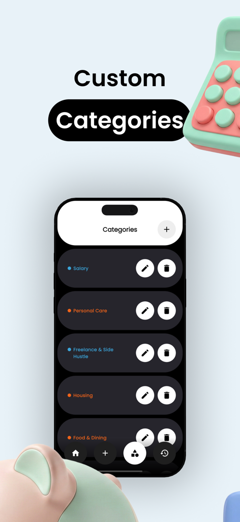 Spendy-Simple Spending Tracker - Interface of the Spendy app showing the custom categories menu with a list of expense and income labels like Salary and Housing.