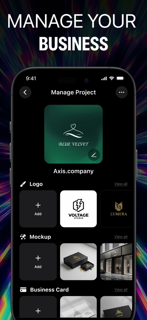 AI Logo Maker Brand Generator - Uma interface de aplicativo móvel intitulada Gerenciar Projeto mostrando um painel de identidade de marca com seções para logotipos, mockups de produtos e designs de cartões de visita.