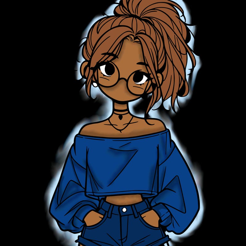 girl with a messy ponytail glasses a baggy crop top and jean shorts