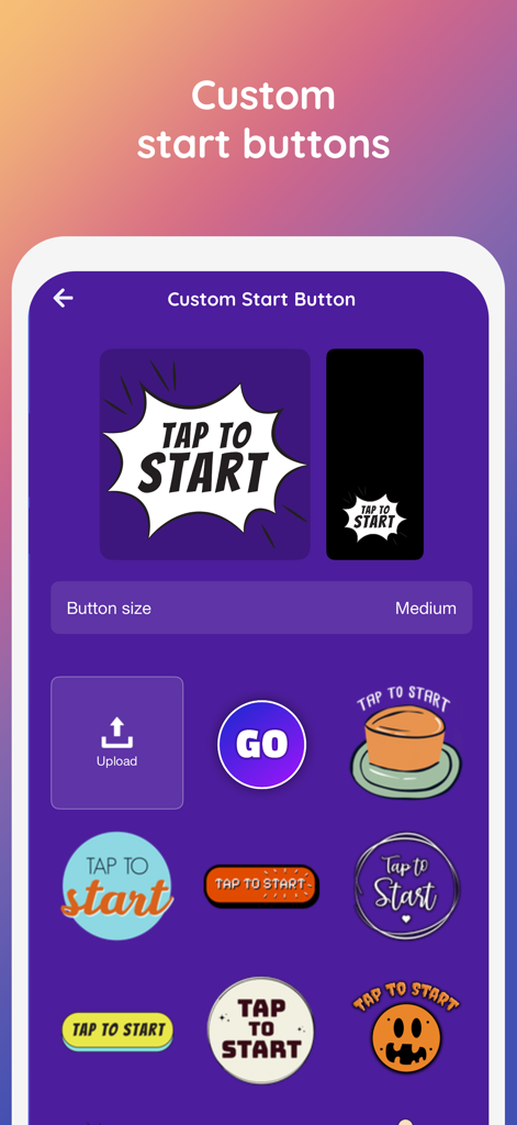 Interface of Mini Photobooth app showing a variety of customizable tap to start buttons for events