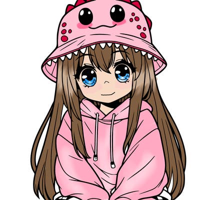 girl with anime shaped eyes with a dinosaur bucket hat oversized sweatshirt long straight hair