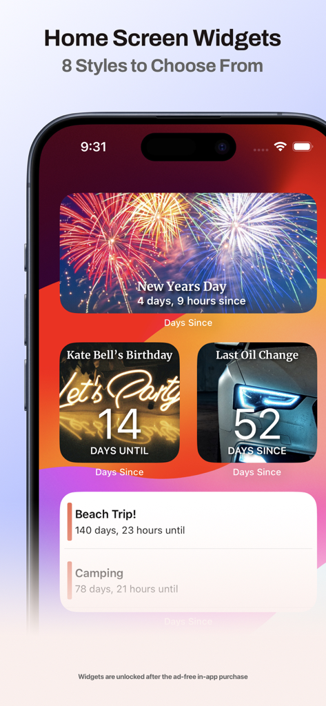 Countdown Days Since & Until - IPhone home screen displaying various custom countdown and count up widgets for personal events like birthdays and trips