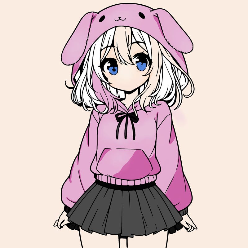 pretty anime girl wearing a fluffy hoodie with bunny ears on the hood and a skirt