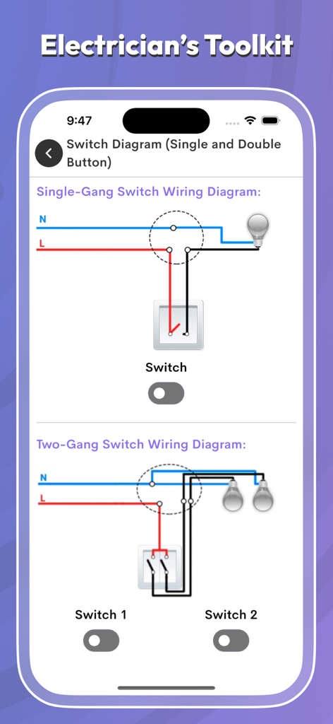 Electrical Tools & Reference - Diagramas de fiação interativos para interruptores de botão único e duplo em um aplicativo móvel.