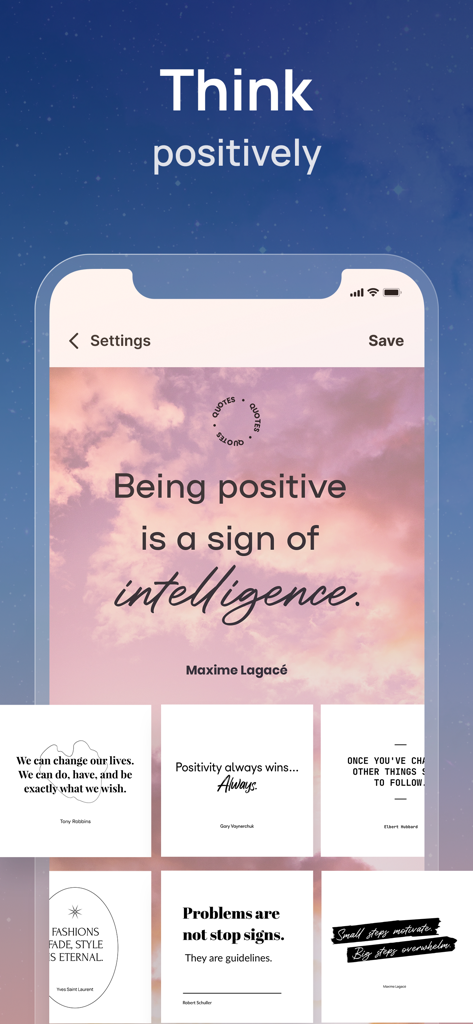 Quotes Maker: Daily Motivation - Pantalla de la aplicación Quotes Maker mostrando una cita de positividad sobre un fondo de nube rosa.