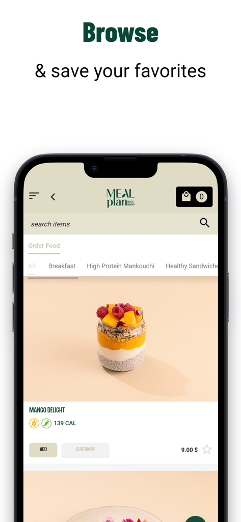 Meal Plan App - Interface do Meal Plan App mostrando o menu de navegação com item de café da manhã Mango Delight e contagem de calorias