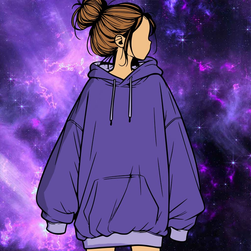 realistic girl with a oversized sweatshirt on and a bun