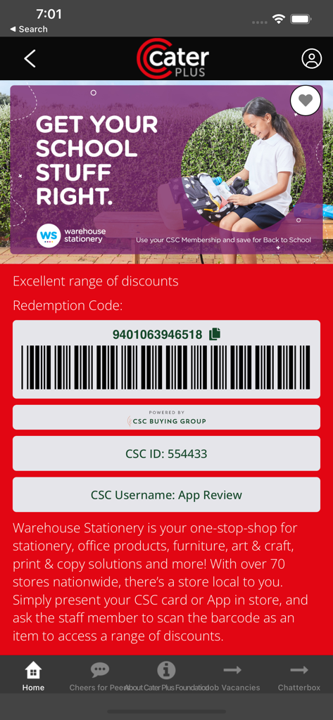 Cater Plus - Cater Plus 앱 화면, 회원 사용 바코드 및 소매 할인 혜택 표시