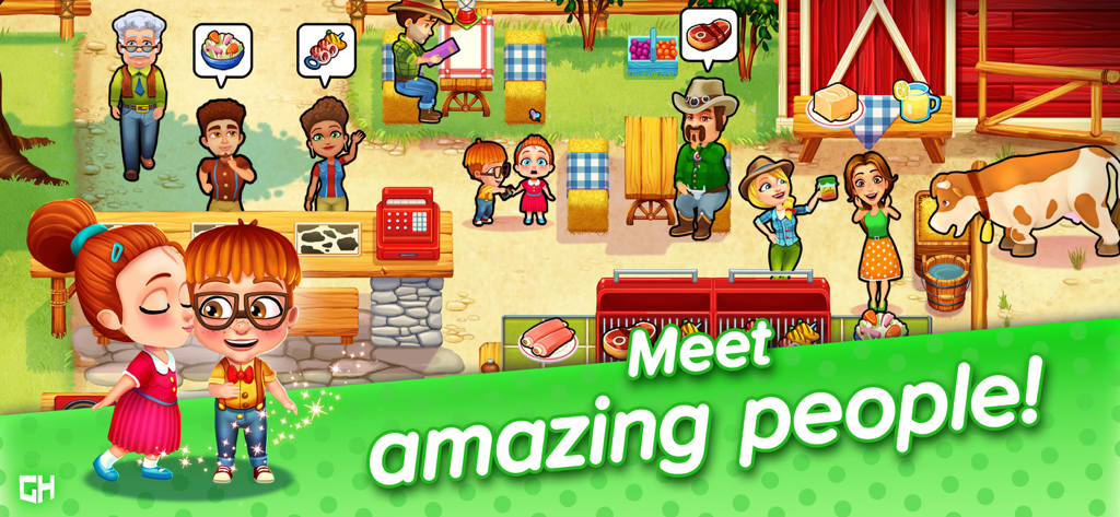 Delicious - Emily's Road Trip - Delicious Emily's Road Trip gameplay showing characters and a cow at a farm stop with the text Meet amazing people