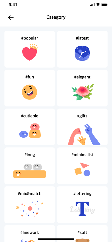A mobile app screen displaying a grid of temporary tattoo design categories like popular latest fun and elegant