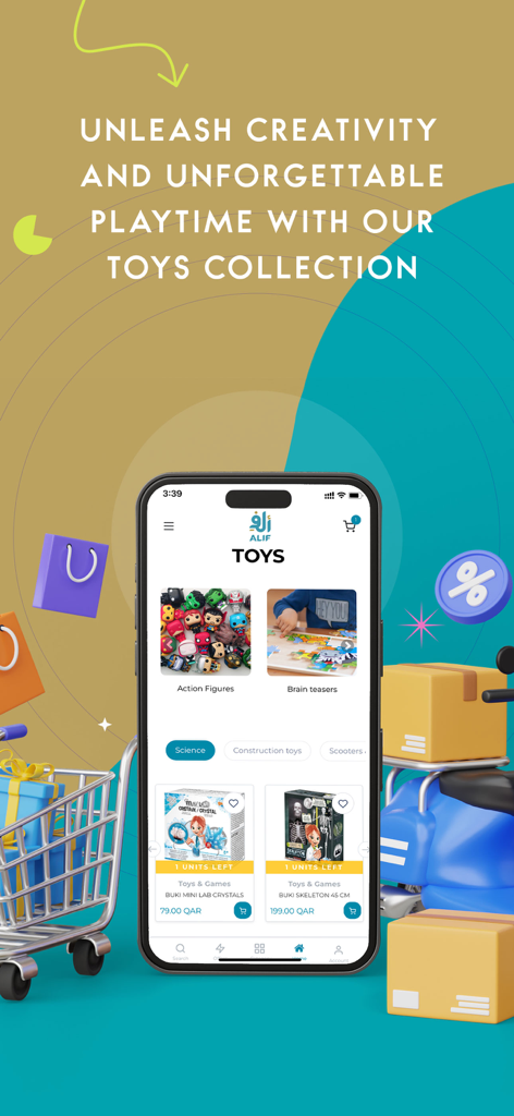 Alifstores - Interfaz de la aplicación Alifstores mostrando la categoría de colección de juguetes con figuras de acción y kits científicos educativos.