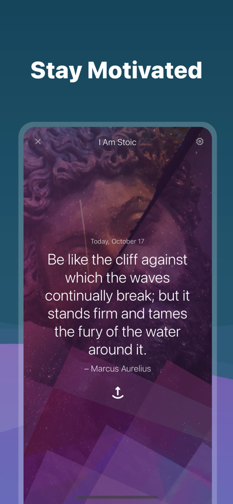 I Am Sober app screenshot showing a motivational quote from Marcus Aurelius against a purple background.