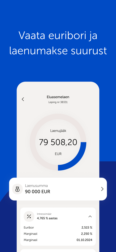 Coop Pank mobile app home loan overview screen showing balance and interest rates