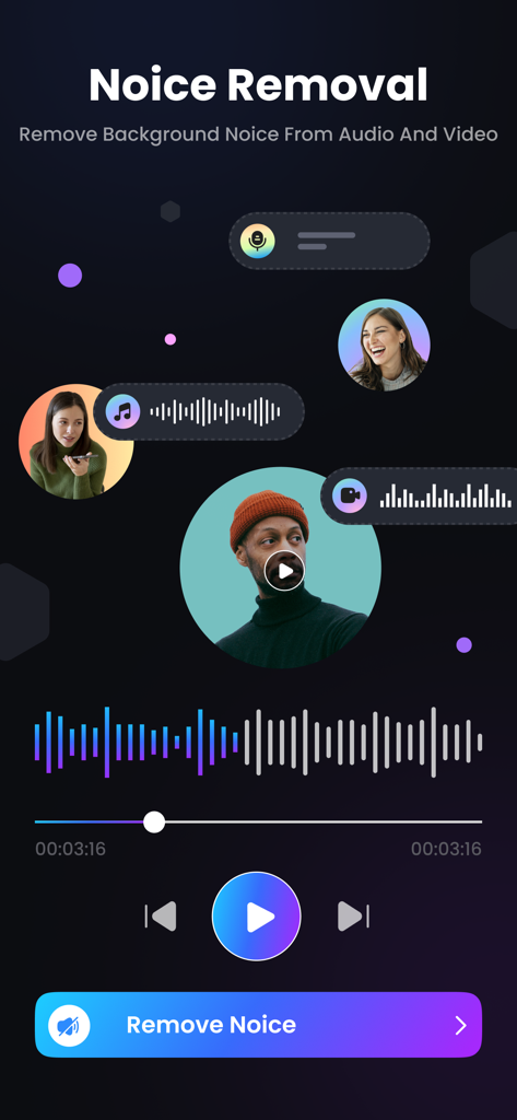 AI Background Noise Remover - Interfaz de la aplicación Eliminador de Ruido de Fondo con IA que muestra formas de onda de audio y un botón para eliminar ruido de archivos