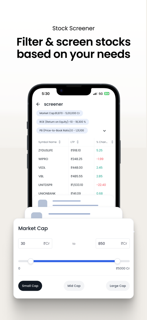 Firstock app stock screener interface showing market capitalization filters and stock list