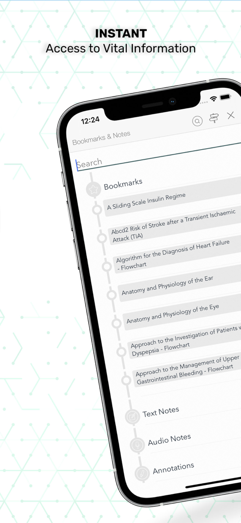 Tela do aplicativo Essentials Clinical Medicine mostrando a interface de favoritos e anotações com uma lista de tópicos médicos e uma barra de pesquisa.