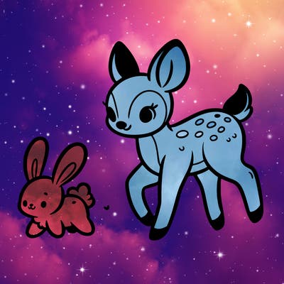 a fawn walking with a cute bunny