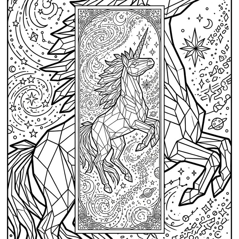 Unleash your creativity with this enchanting crystal unicorn bookmark coloring page. Its unique faceted design and celestial background offer a magical coloring experience perfect for fantasy enthusiasts.