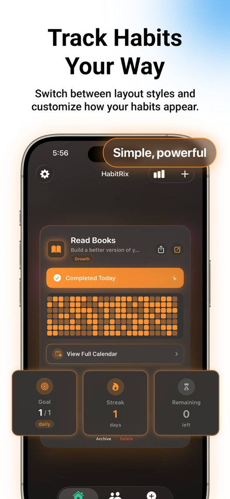 Interfaz de la aplicación HabitRix que muestra el seguimiento de hábitos de lectura con una cuadrícula de progreso y métricas de rachas.