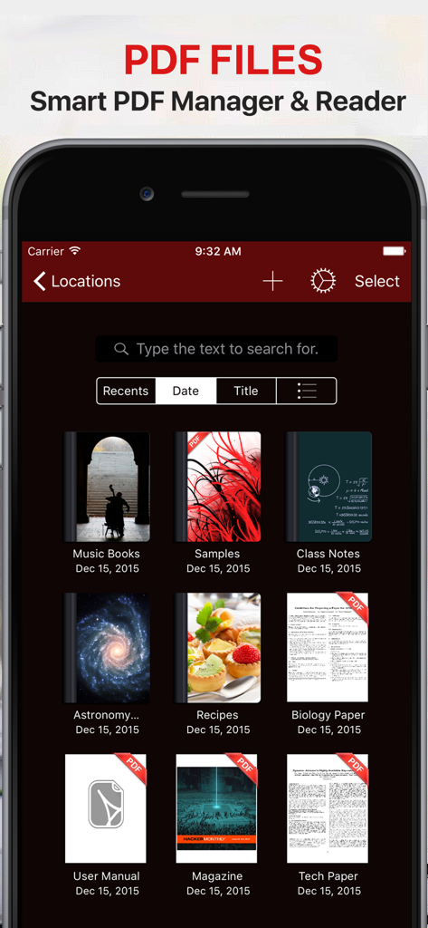 PDF PRO Files app document manager interface showing a library of PDFs in dark mode