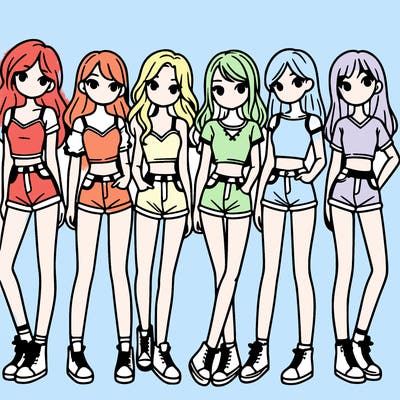 a group of girls wearing crop tops and shorts