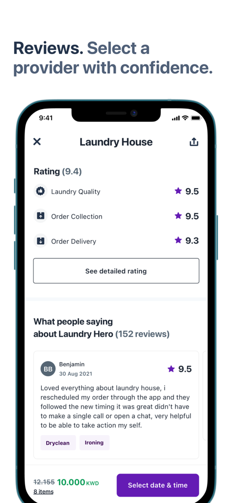 justclean - Justclean mobile app screen displaying service ratings and customer reviews for a laundry provider