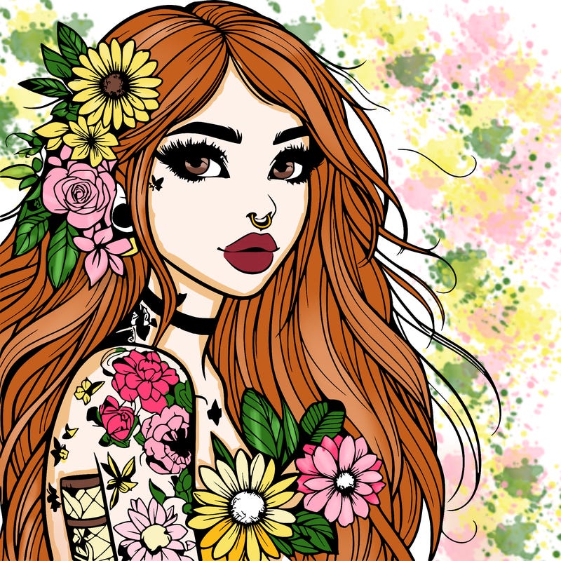 realistic girl with flowers and tattoos