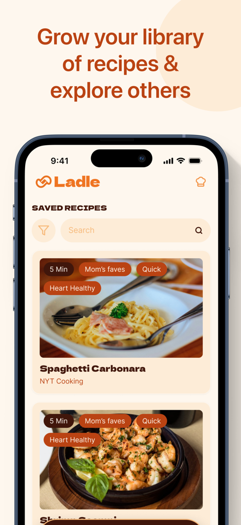 Interfaz de la aplicación Ladle mostrando una biblioteca de recetas guardadas con etiquetas descriptivas en un iPhone