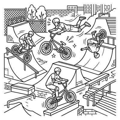 Dive into the thrilling world of Freestyle BMX with this dynamic coloring page, featuring riders pulling off incredible tricks in a lively skate park. Get ready to add your vibrant flair to high-flying jumps, grinds, and daring acrobatics.