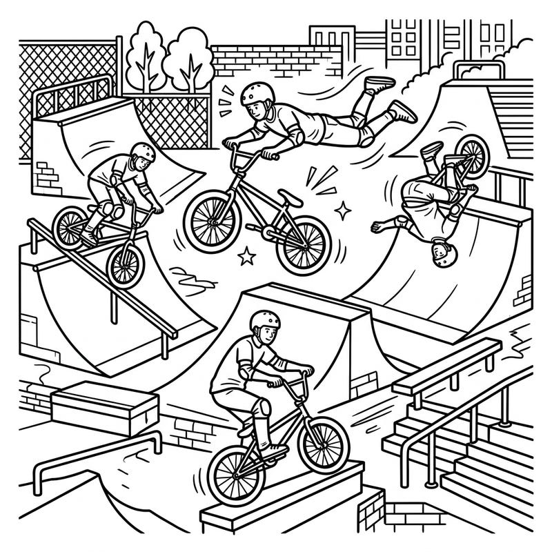 Dive into the thrilling world of Freestyle BMX with this dynamic coloring page, featuring riders pulling off incredible tricks in a lively skate park. Get ready to add your vibrant flair to high-flying jumps, grinds, and daring acrobatics.