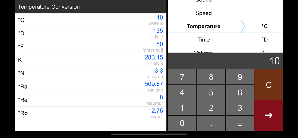 Unit Converter HD. - Temperature conversion screen on Unit Converter HD showing Celsius to Fahrenheit and Kelvin