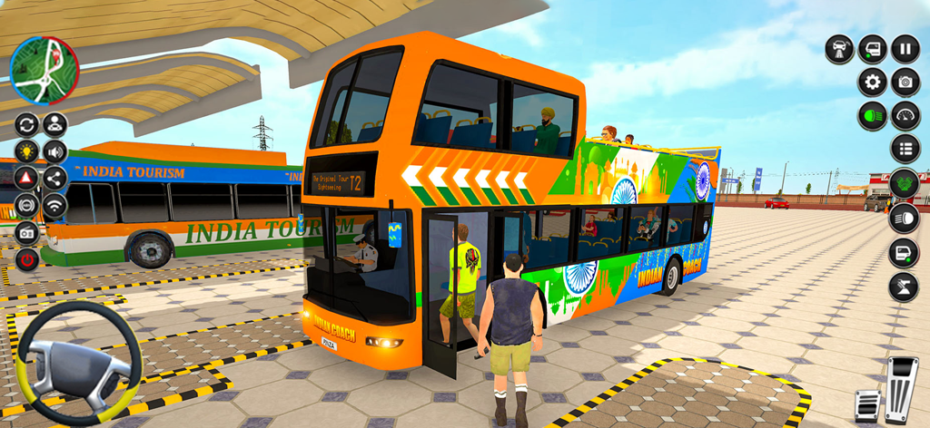 Pakistan India Bus Simulator - A colorful Indian double decker bus at a station in the Pakistan India Bus Simulator game